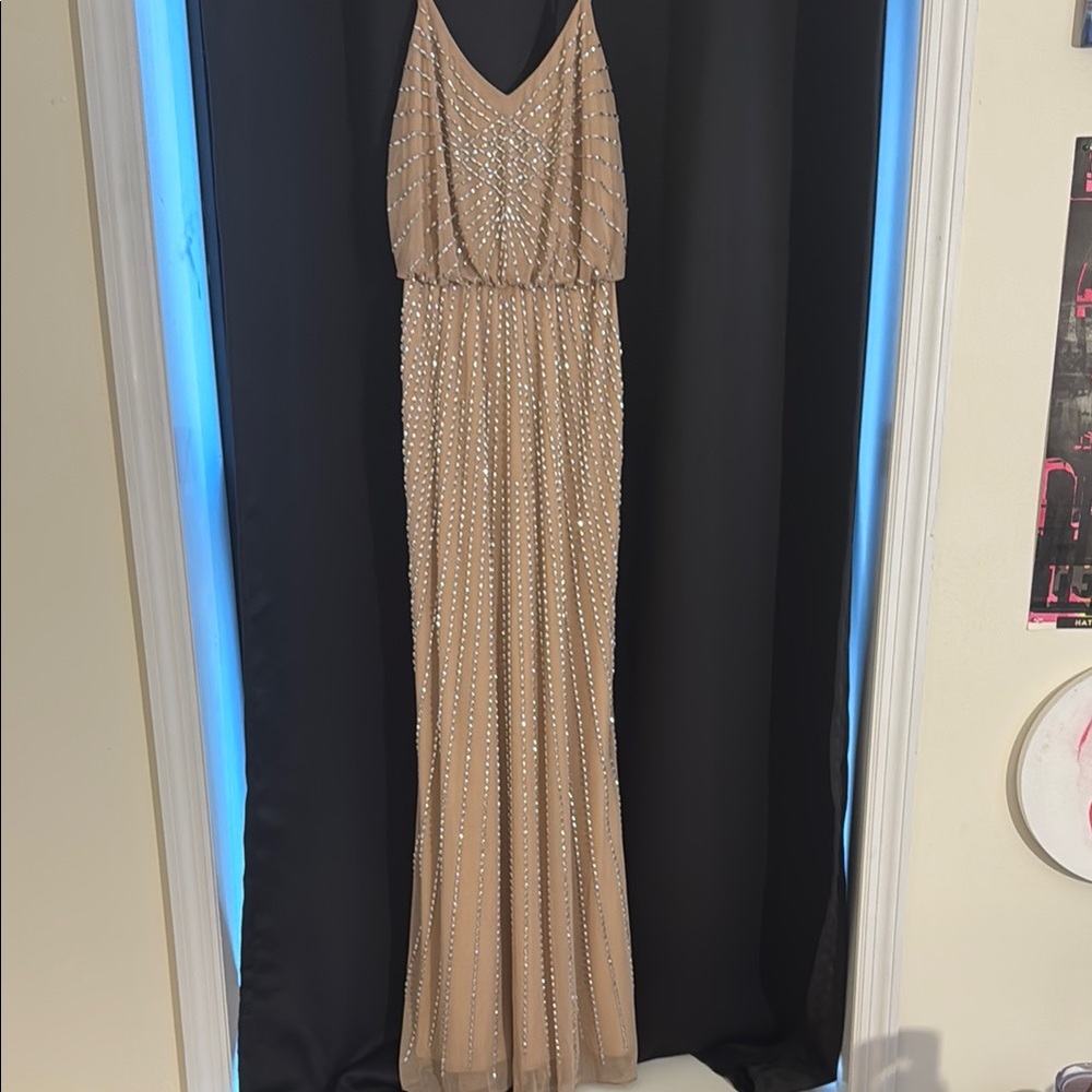 Xscape Tan Sleeveless Prom Gown with Spaghetti Strap V-Neckline